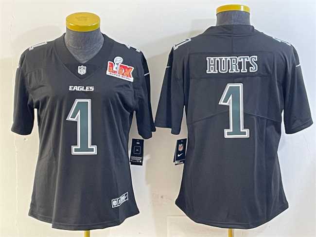 Womens Philadelphia Eagles #1 Jalen Hurts Black 2025 Super Bowl LIX Patch Fashion Vapor Untouchable Limited Stitched Jersey Dzhi